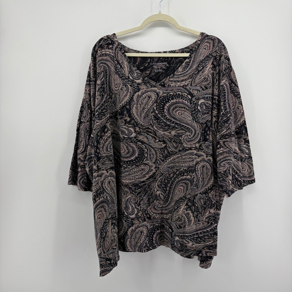 Catherines Women 3X Multicolor Paisley Easy Fit Tee V-Neck 3/4 Sleeve Cotton Top